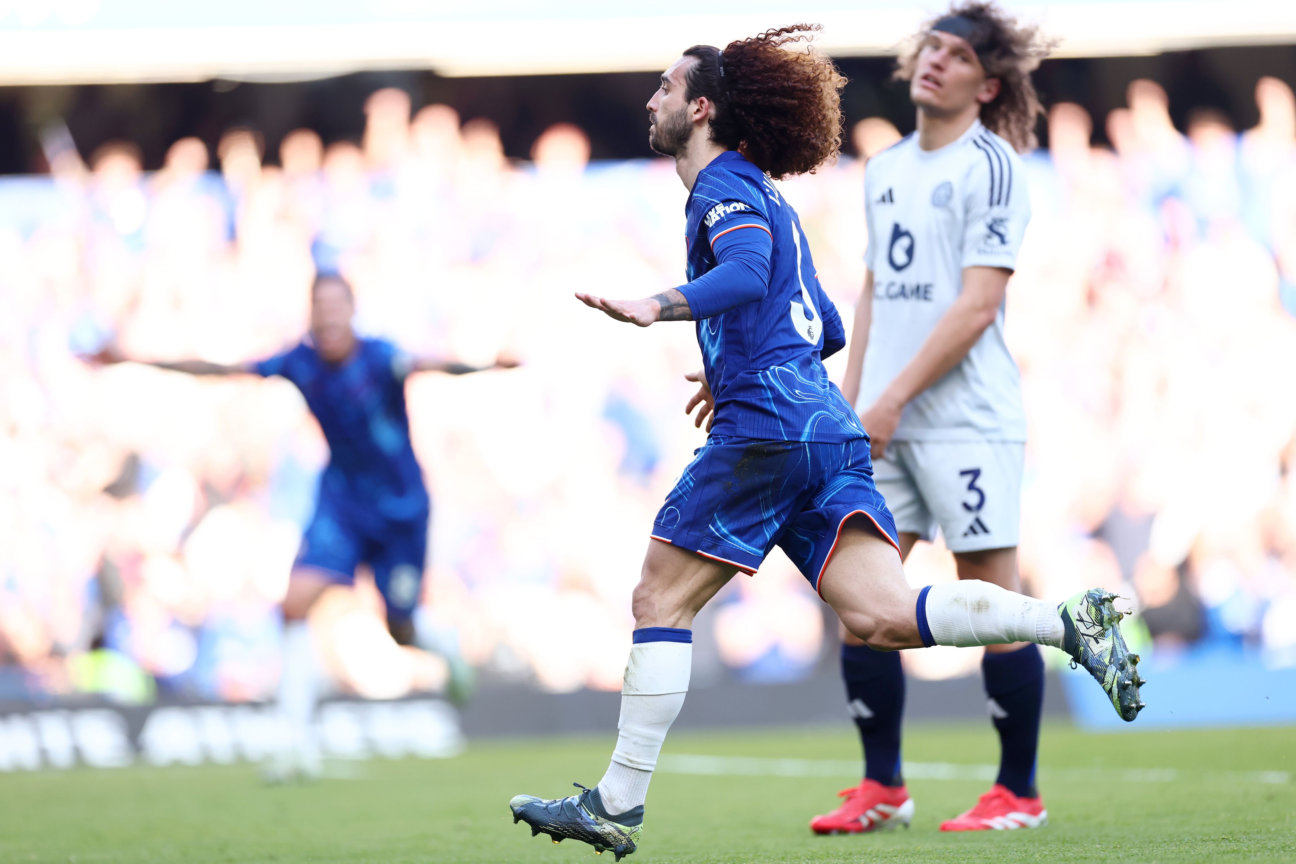 Marc Cucurella celebrates scoring against Leicester.