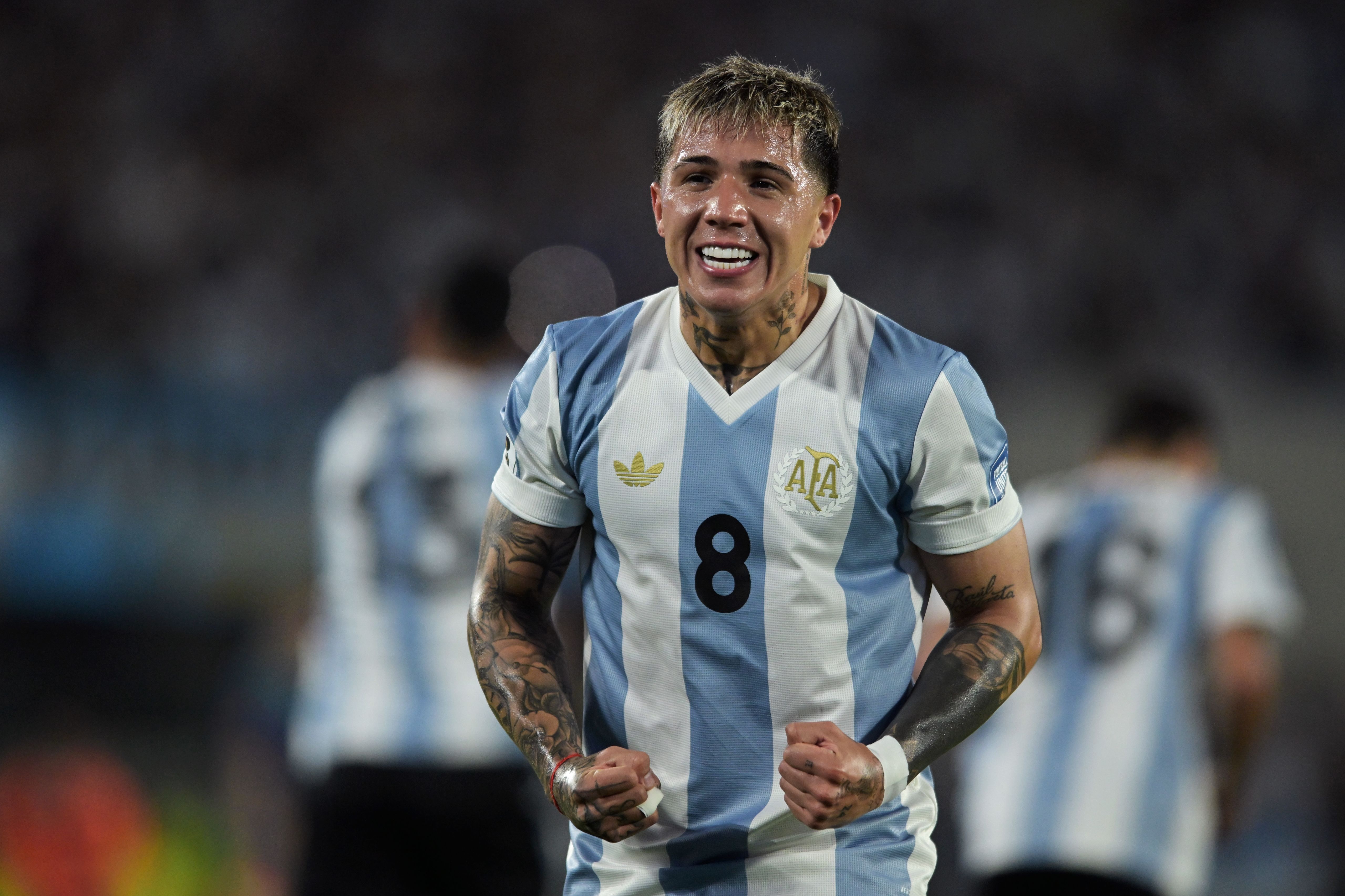Enzo Fernandez celebrates scoring against Brazil.