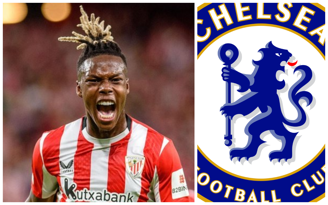 Nico Williams with a Chelsea logo