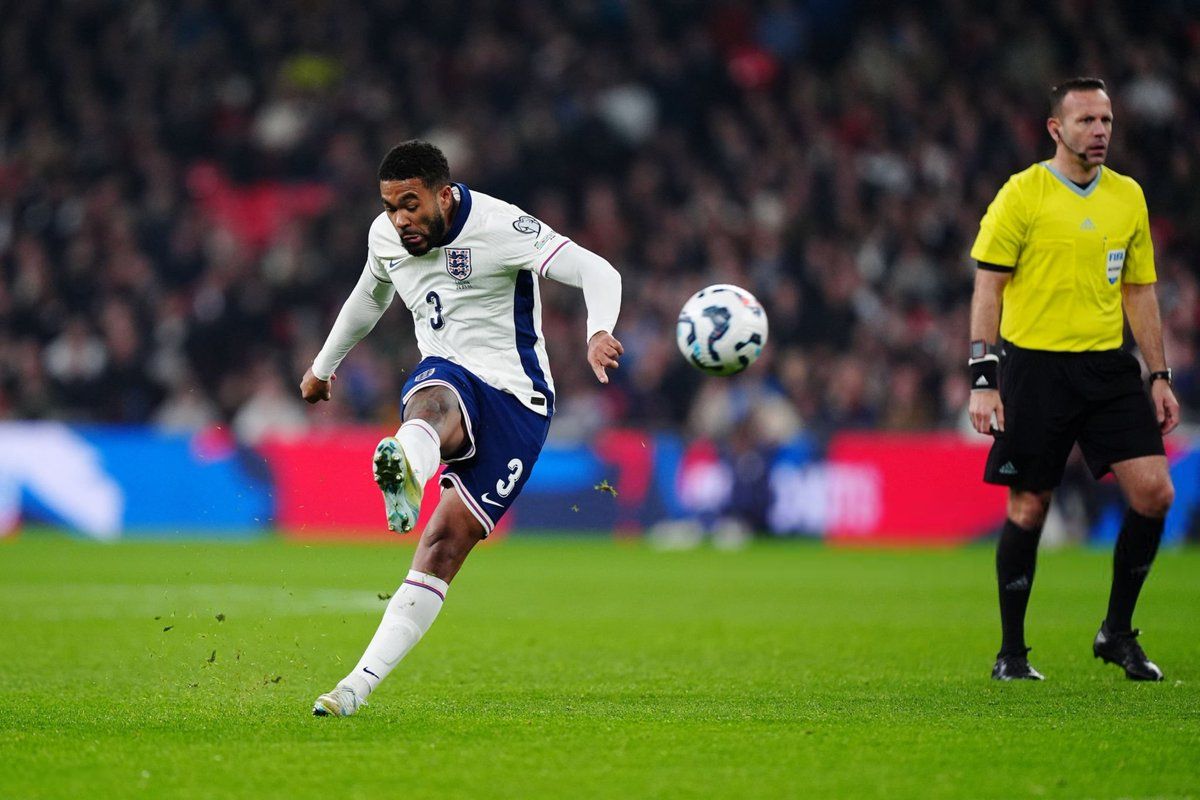 Reece James fires one over the wall for England.