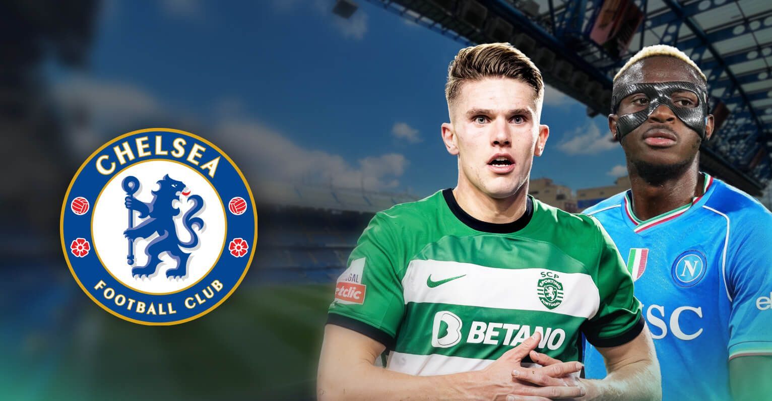 Viktor Gyokeres and Victor Osimhen with a Chelsea logo.
