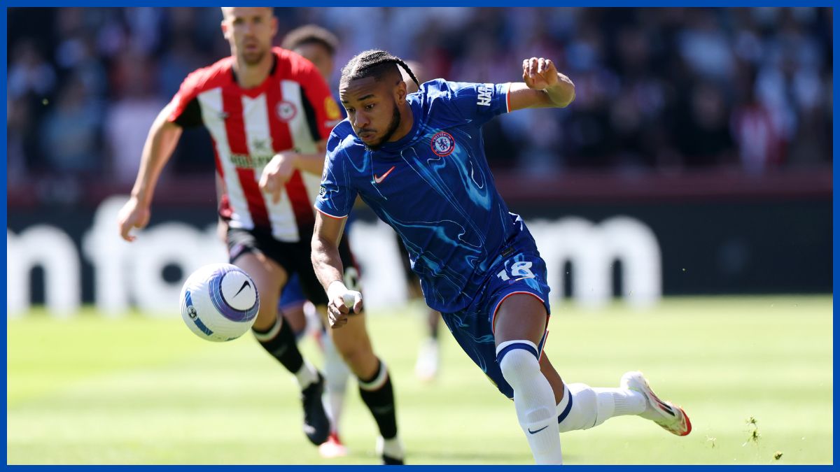 Christopher Nkunku loses another physical duel. (Photo by Eddie Keogh/Getty Images)