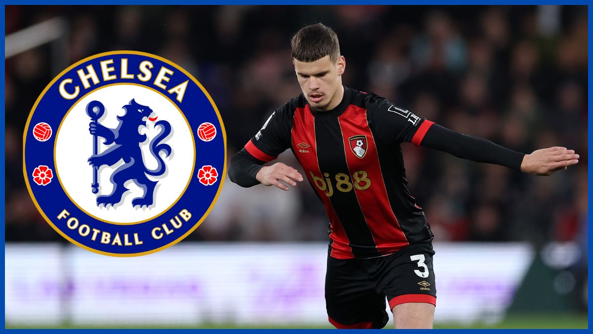 Milos Kerkez with a Chelsea logo.
