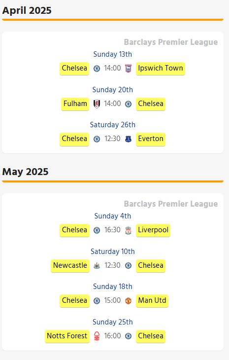 Chelsea's fixtures to end the season.