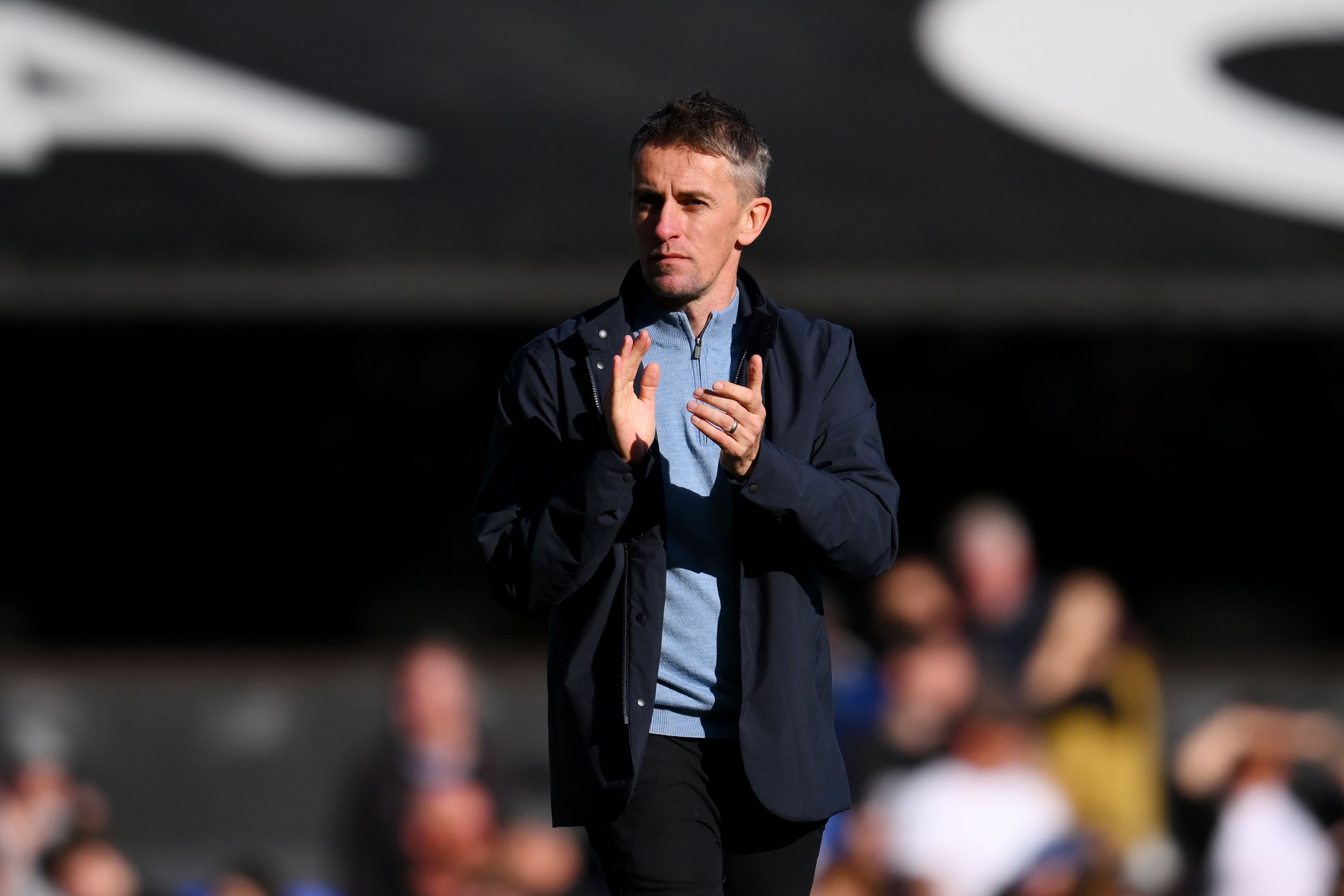 Kieran McKenna applauds the Ipswich fans.