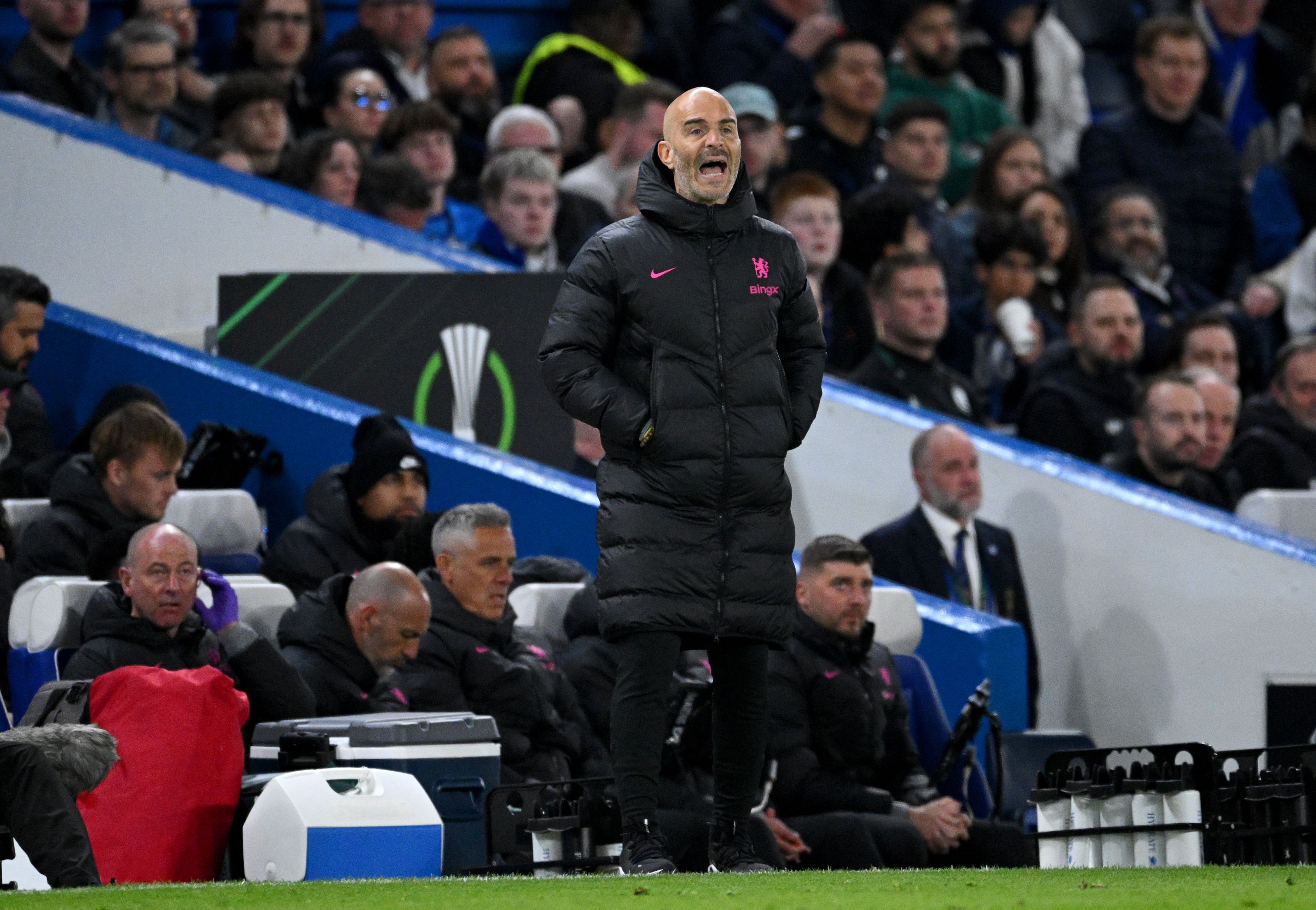 Enzo Maresca shouts on the touchline against Legia Warsaw.