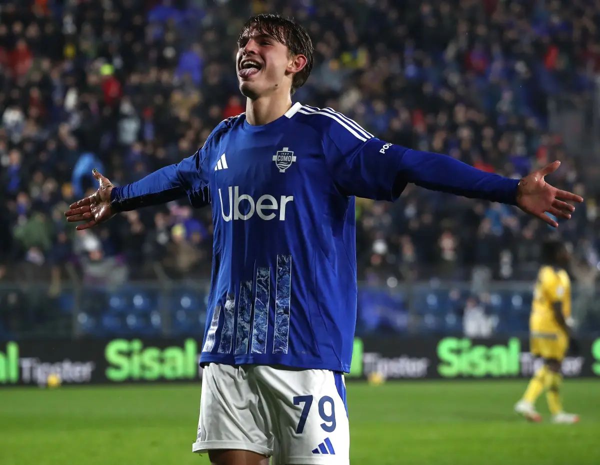 Nico Paz celebrates a goal for Como (Photo by Marco Luzzani/Getty Images)