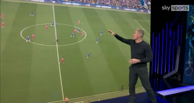 Jamie Carragher points at a Chelsea turnover on Monday Night Football.