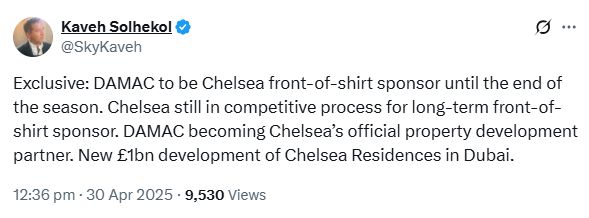 Kaveh Solhekol's Tweet about Chelsea's new sponsor.
