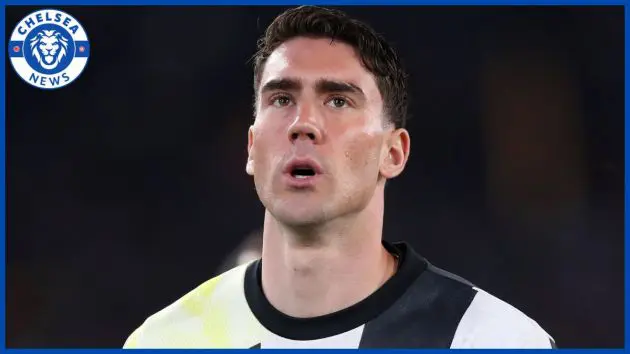 Dusan Vlahovic with a Chelsea news logo.