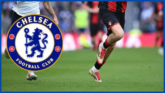 Dean Huijsen with a Chelsea logo.