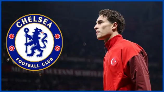Kenan Yildiz playing for Turkey with a Chelsea logo.