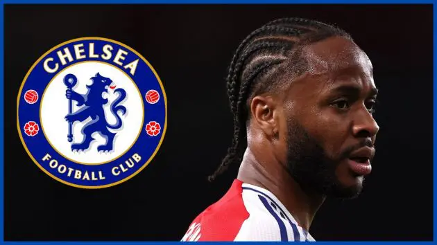 Raheem Sterling with a Chelsea logo.