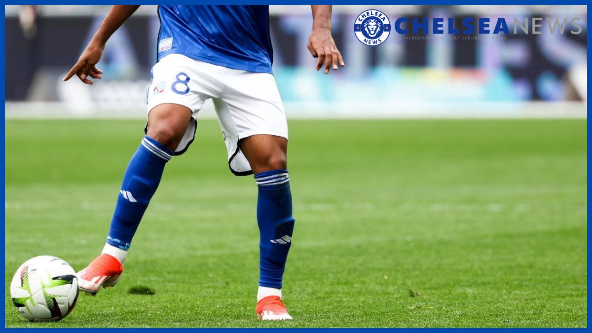 Andrey Santos' legs with a Chelsea News logo.