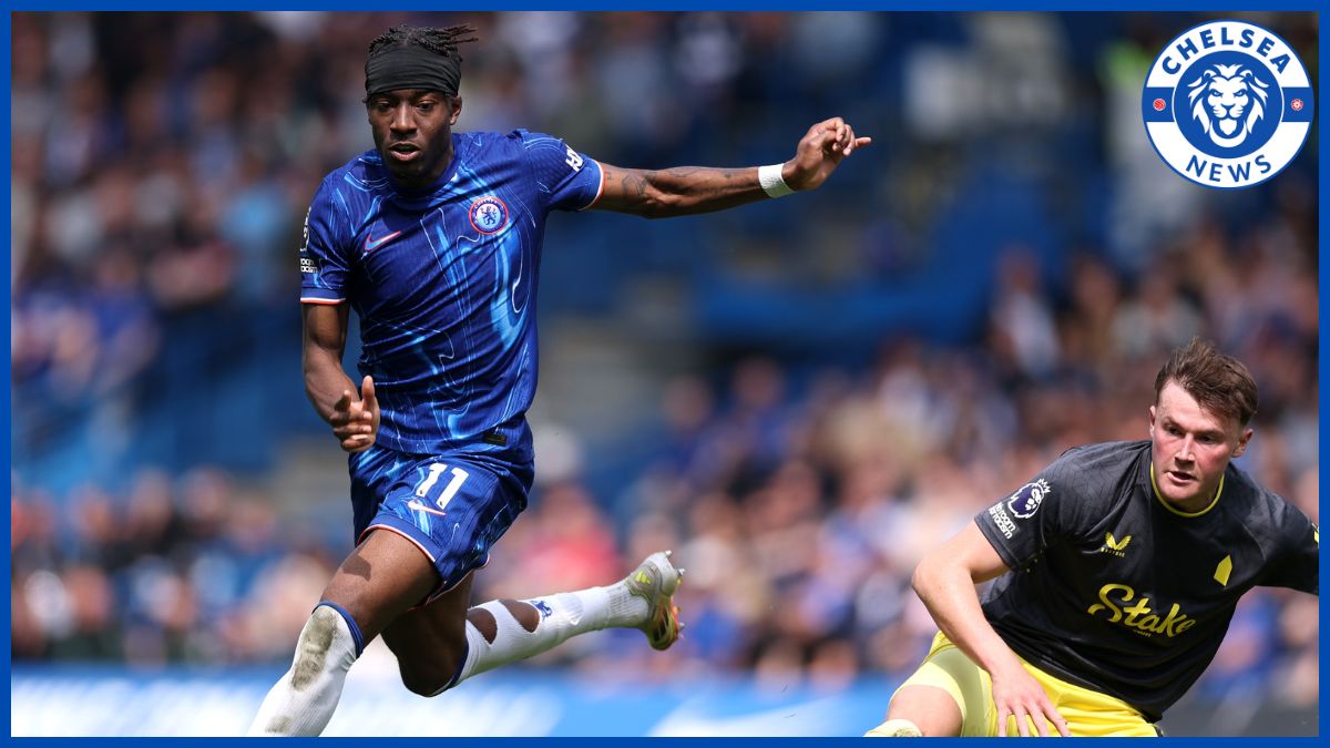 Noni Madueke bursts through Everton defence.