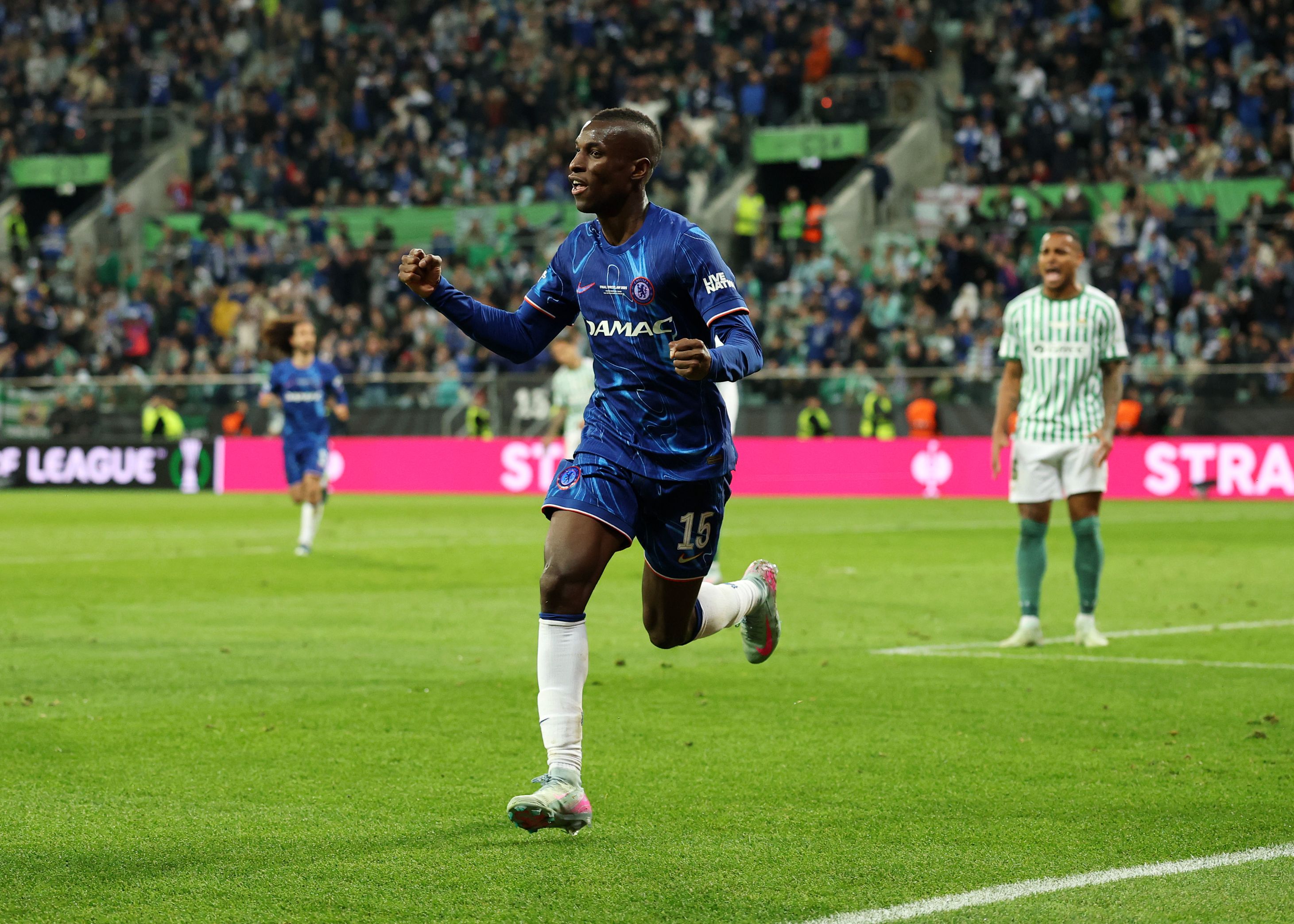 Nicolas Jackson celebrates his goal in the Conference League final.(Photo by Richard Heathcote/Getty Images)