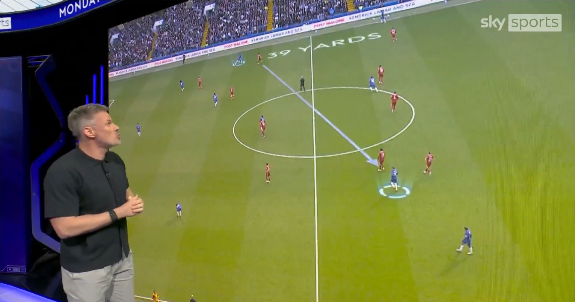 Jamie Carragher shows how spread Liverpool's midfield were.