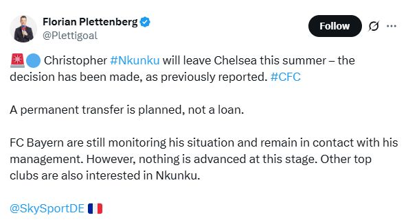Florian Plettenberg's Tweet about Christopher Nkunku, claiming the attacker 