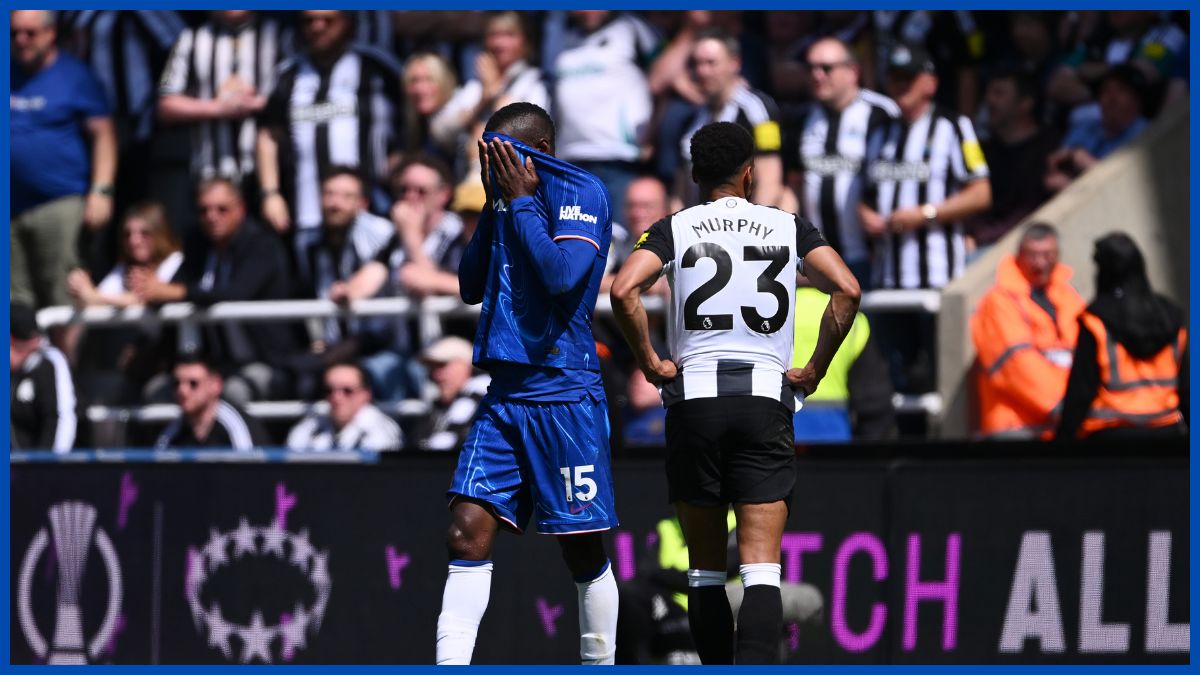 Nicolas Jackson reacts to his shocking red. (Photo by Stu Forster/Getty Images)