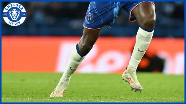 Benoit Badiashile's legs with a Chelsea News logo.