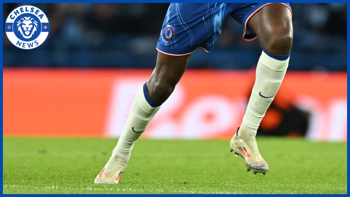 Benoit Badiashile's legs with a Chelsea News logo.