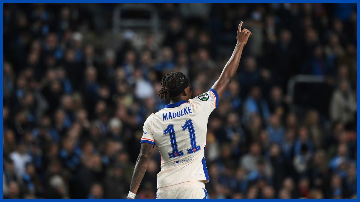 Noni Madueke celebrates his goal against Djurgarden.