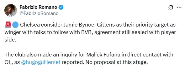 Fabrizio Romano's quote on Jamie Gittens.