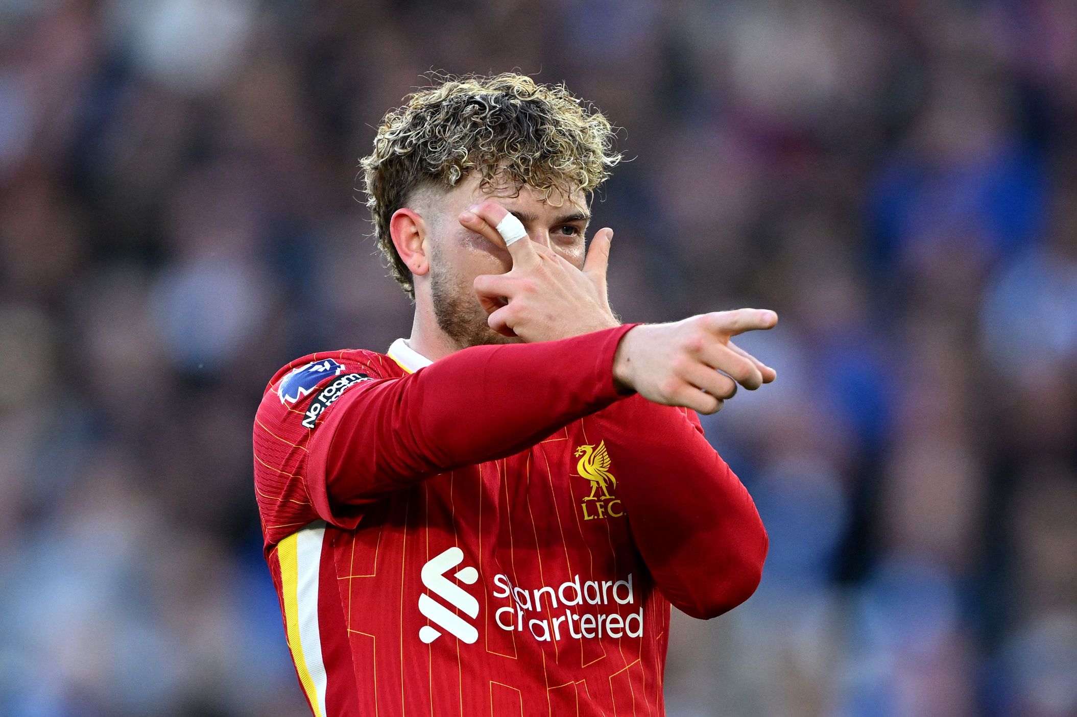 Harvey Elliott celebrates scoring for Liverpool.