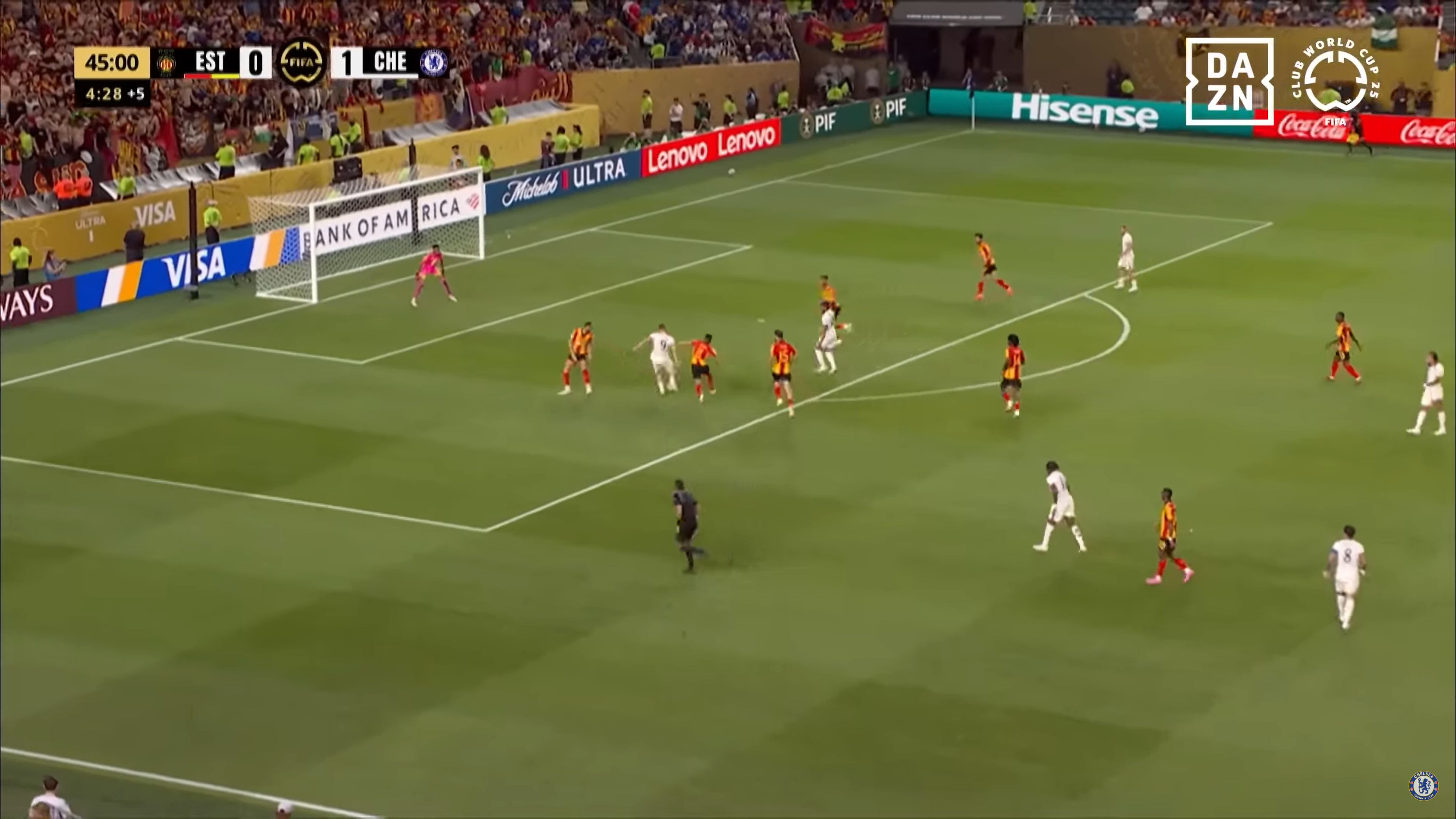 Liam Delap curls in a goal against ES Tunis.