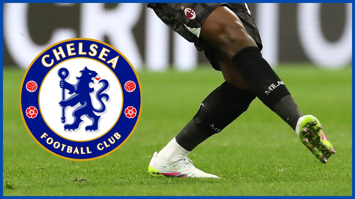 Mike Maignan passes the ball with a Chelsea logo.