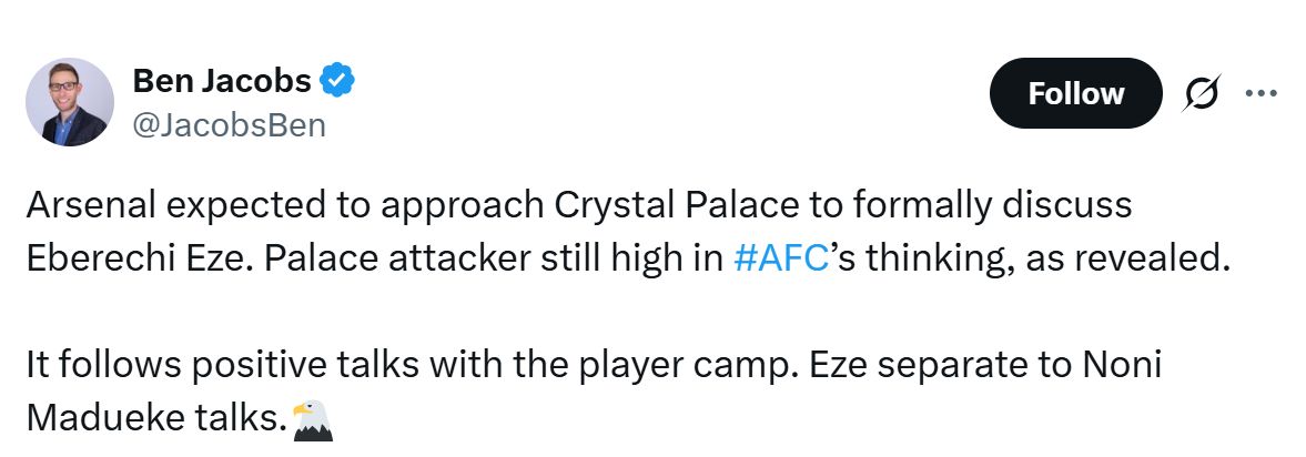 Ben Jacobs' Tweet about Eberechi Eze.