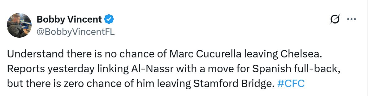 Bobby Vincent's Tweet about Marc Cucurella leaving Chelsea.