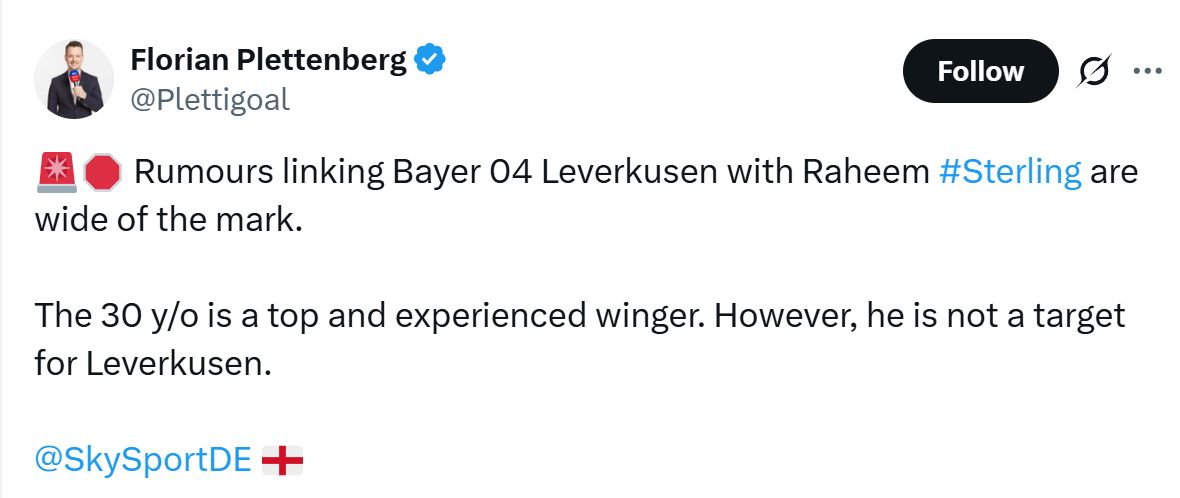 Florian Plettenberg shoots down rumours of interest in Raheem Sterling.