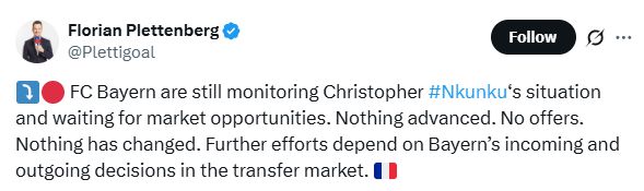 Florian Plettenberg's Tweet about Christopher Nkunku's future.
