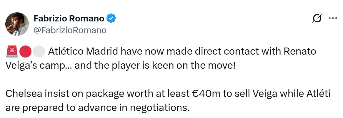 Renato Veiga closing in on €40m move to Atletico Madrid according to Fabrizio Romano.
