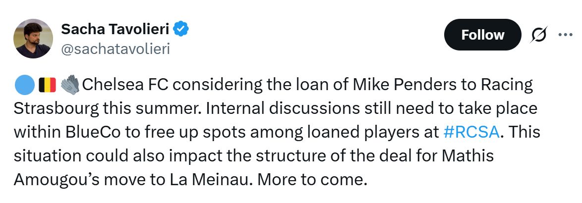 Sacha Tavolieri's Tweet about a potential Mike Penders loan.
