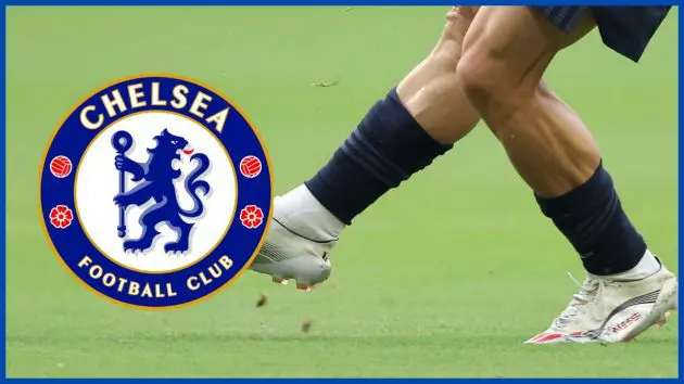 Kenan Yildiz slams the ball with a Chelsea logo.