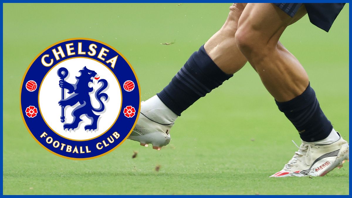 Kenan Yildiz slams the ball with a Chelsea logo.