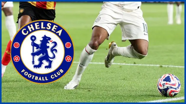 Noni Madueke with a Chelsea logo.