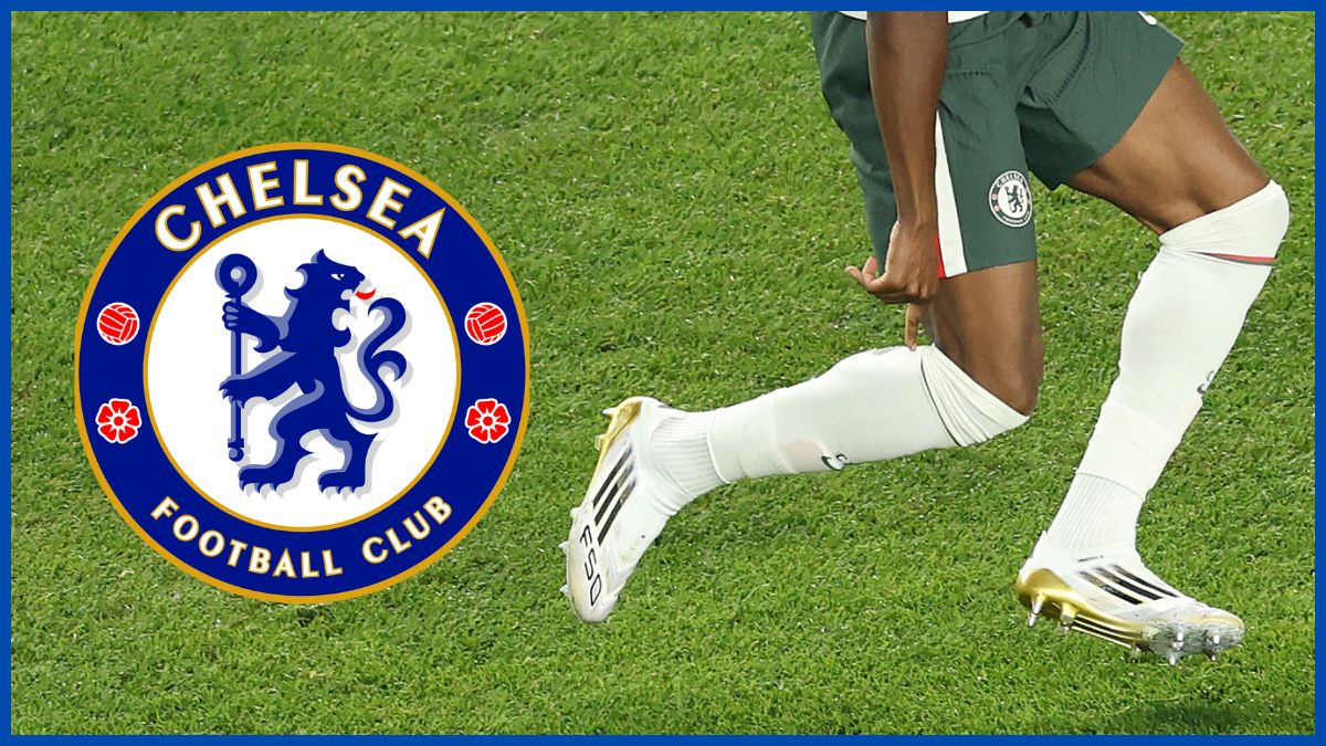 Noni Madueke with a Chelsea logo.