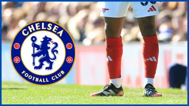 Raheem Sterling with a Chelsea logo.