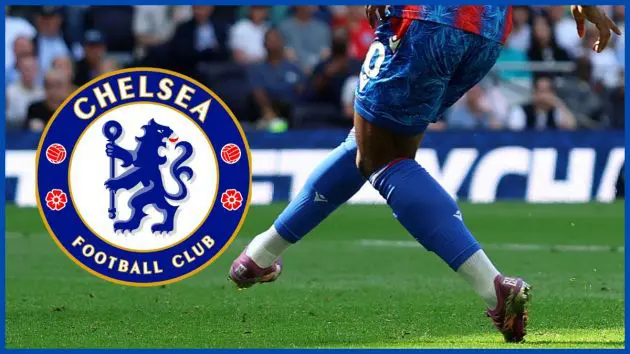 Eberechi Eze with a Chelsea logo.