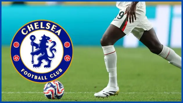 Mamadou Sarr runs with the ball and a Chelsea logo.