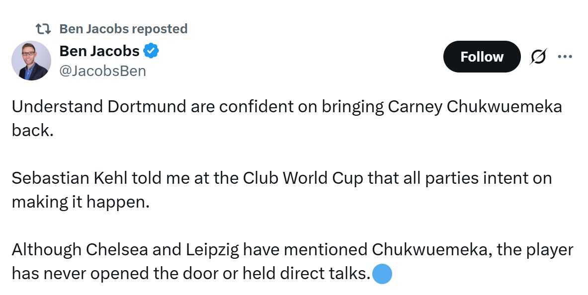 Ben Jacobs' Tweet about Dortmund's interest in Carney Chukwuemeka.