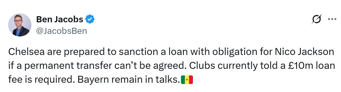 Ben Jacobs' Tweet about Nicolas Jackson's loan fee.
