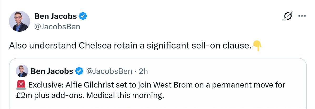 Ben Jacobs' Tweet confirming that Alfie Gilchrist has a significant sell on clause.