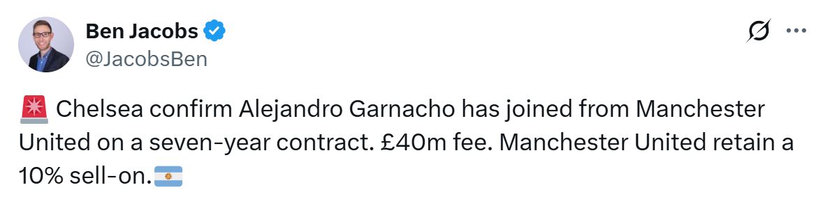 Ben Jacobs confirms the Alejandro Garnacho transfer.