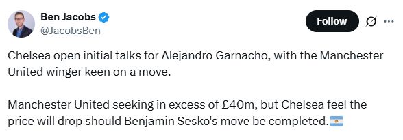Ben Jacobs says Chelsea have opened initial talks with Man U over Alejandro Garnacho.