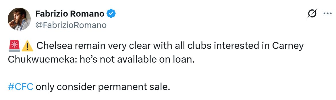 Chelsea remain keen to sell Carney Chukwuemeka, says Fabrizio Romano.