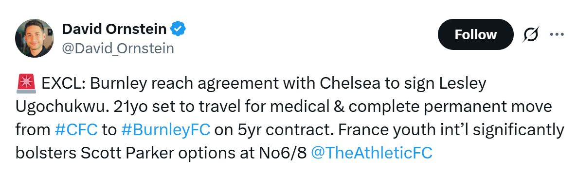 David Ornstein's Tweet about Lesley Ugochukwu.